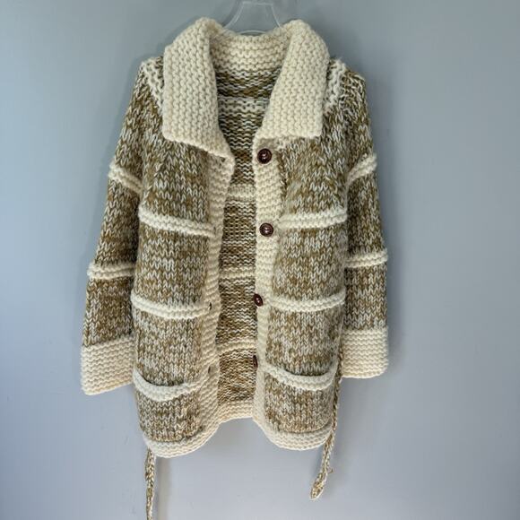 Stunning VTG Hand Knit Chunky Long Cardigan Belted Mustard Yellow Cream S Pocket - Picture 6 of 7